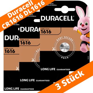 3 x CR1616 Duracell Lithium Knopfzelle DL1616 270mAh 3V Batterie 16mm x 1,6mm