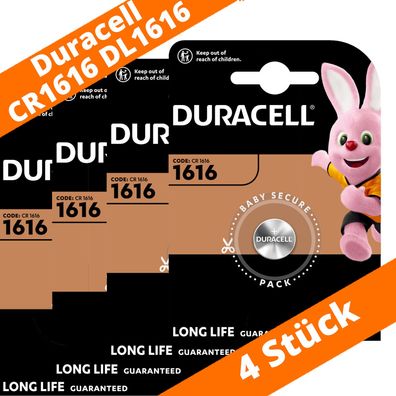 4 x CR1616 Duracell Lithium Knopfzelle DL1616 270mAh 3V Batterie 16mm x 1,6mm