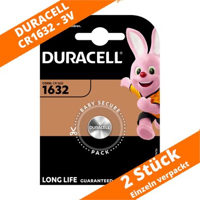 2 x Duracell CR1632 Lithium Knopfzelle DL1632 140mAh 3V Batterie 2 x 1er VPE