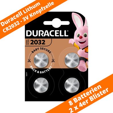 8 x CR2032 Duracell Lithium Knopfzelle DL2032 265mAh 3V Batterie 2 x 4er VPE