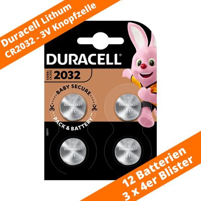 12 x CR2032 Duracell Lithium Knopfzelle DL2032 265mAh 3V Batterie 3 x 4er VPE