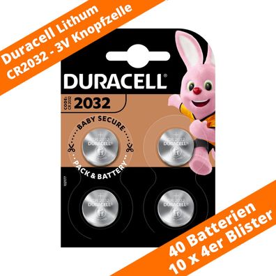 40 x CR2032 Duracell Lithium Knopfzelle DL2032 265mAh 3V Batterie 10 x 4er VPE