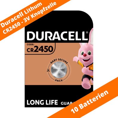 10 x CR2450 Duracell Lithium Knopfzelle DL2450 24,5 x 5mm 3V Batterie 1er VPE