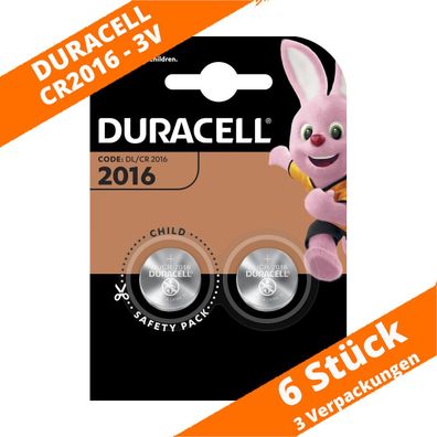 6 x Duracell CR2016 Lithium Knopfzelle DL2016 110mAh 3V Batterie 3 x 2er VPE