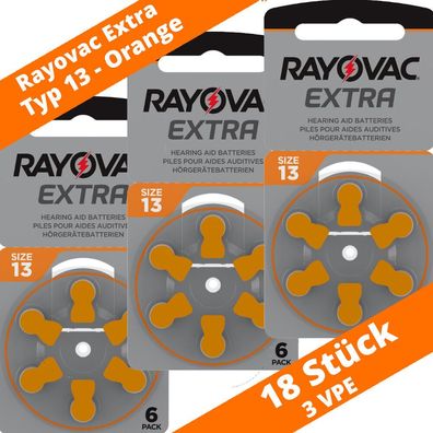 18 x Rayovac Extra Typ 13 Orange PR48 ZA13 D13 Hörgerätebatterien 1,45V 3 x 6er