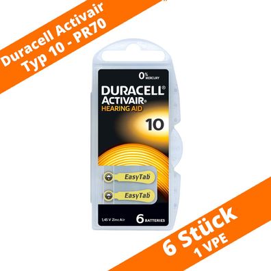 6 x Duracell ActivAir Hörgerätebatterien Typ 10 PR70 EasyTab 1 Blister PR10