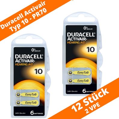 12 x Duracell ActivAir Hörgerätebatterien Typ 10 PR70 EasyTab 2 Blister PR10