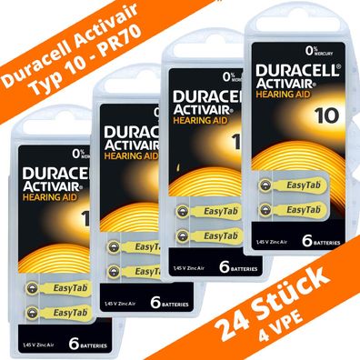 24 x Duracell ActivAir Hörgerätebatterien Typ 10 PR70 EasyTab 4 Blister PR10