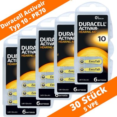 30 x Duracell ActivAir Hörgerätebatterien Typ 10 PR70 EasyTab 5 Blister PR10