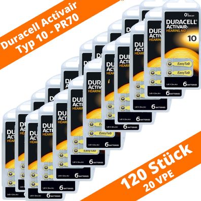 120 x Duracell ActivAir Hörgerätebatterien Typ 10 PR70 EasyTab 20 Blister PR10