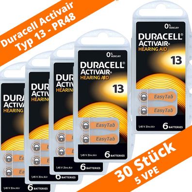 30 x Duracell Activair Hörgerätebatterien PR48 Typ 13 Orange 5 x 6er Blister NEU