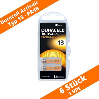 6 x Duracell Activair Hörgerätebatterien PR48 Typ 13 Orange 1 x 6er Blister NEU