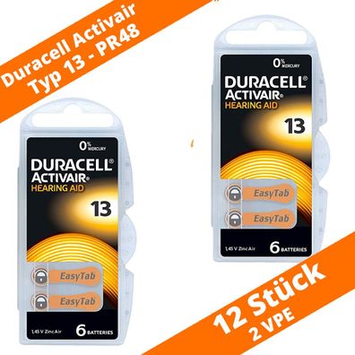 12 x Duracell Activair Hörgerätebatterien PR48 Typ 13 Orange 2 x 6er Blister NEU
