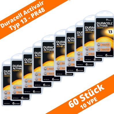 60 x Duracell Activair Hörgerätebatterien PR48 Typ 13 Orange 10 x 6er Blister