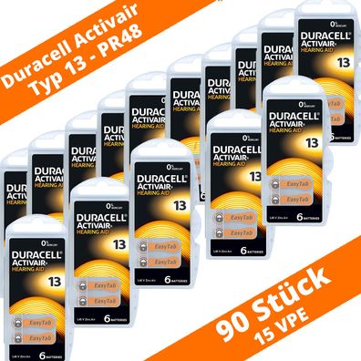 90 x Duracell Activair Hörgerätebatterien PR48 Typ 13 Orange 15 x 6er Blister