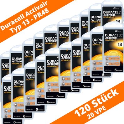120 x Duracell Activair Hörgerätebatterien PR48 Typ 13 Orange 20 x 6er Blister
