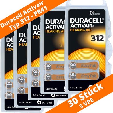 30 x Duracell Activair Hörgerätebatterien PR41 Typ 312 Braun 5 x 6er Blister