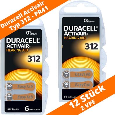 12 x Duracell Activair Hörgerätebatterien PR41 Typ 312 Braun 2 x 6er Blister