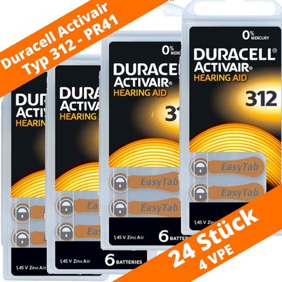 24 x Duracell Activair Hörgerätebatterien PR41 Typ 312 Braun 4 x 6er Blister