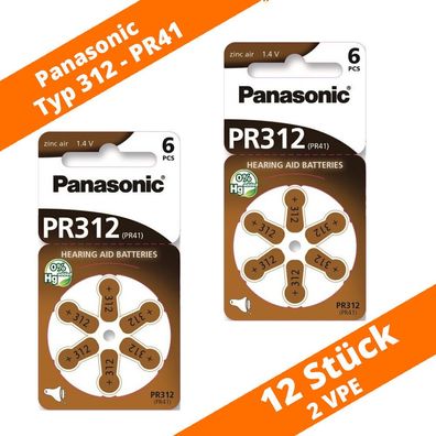 12 x Panasonic Hörgerätebatterien Typ 312 PR41 Neu 2 Blister PR312 Hearing Aid
