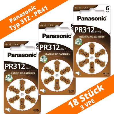 18 x Panasonic Hörgerätebatterien Typ 312 PR41 Neu 3 Blister PR312 Hearing Aid