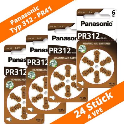 24 x Panasonic Hörgerätebatterien Typ 312 PR41 Neu 4 Blister PR312 Hearing Aid