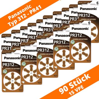90 x Panasonic Hörgerätebatterien Typ 312 PR41 Neu 15 Blister PR312 Hearing Aid