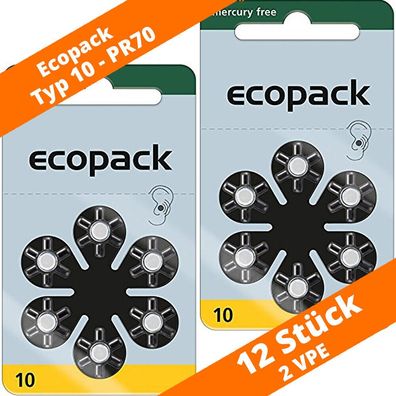 12 x VARTA Ecopack Hörgerätebatterien Typ 10 PR70 NEU Hearing Aid 2 Blister