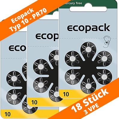 18 x VARTA Ecopack Hörgerätebatterien Typ 10 PR70 NEU Hearing Aid 3 Blister