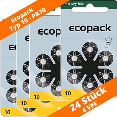 24 x VARTA Ecopack Hörgerätebatterien Typ 10 PR70 NEU Hearing Aid 4 Blister