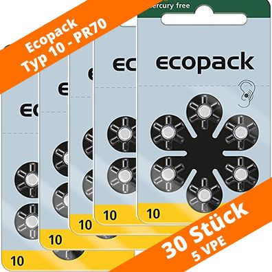 30 x VARTA Ecopack Hörgerätebatterien Typ 10 PR70 NEU Hearing Aid 5 Blister