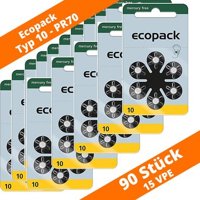 90 x VARTA Ecopack Hörgerätebatterien Typ 10 PR70 NEU Hearing Aid 15 Blister