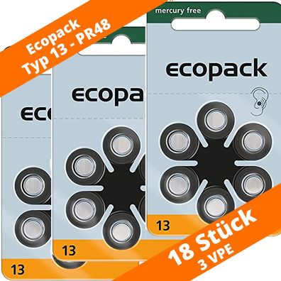 18 VARTA Ecopack Hörgerätebatterien Typ 13 PR48 NEU Hearing Aid 3 Blister