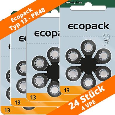 24 VARTA Ecopack Hörgerätebatterien Typ 13 PR48 NEU Hearing Aid 4 Blister