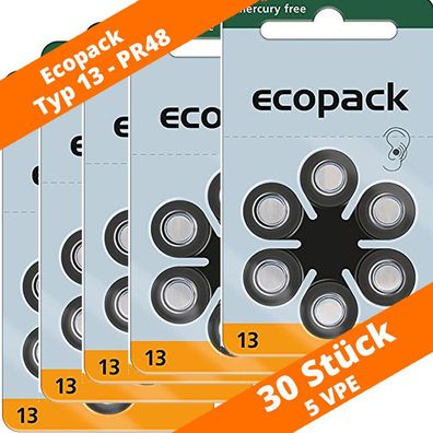 30 VARTA Ecopack Hörgerätebatterien Typ 13 PR48 NEU Hearing Aid 5 Blister