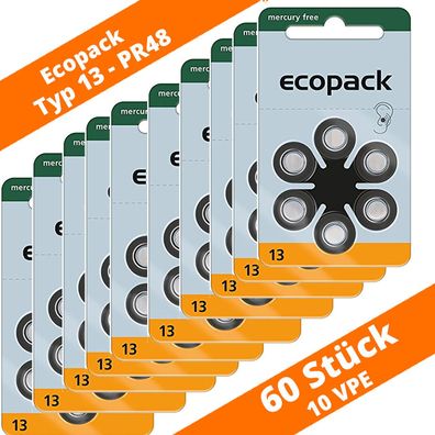 60 VARTA Ecopack Hörgerätebatterien Typ 13 PR48 NEU Hearing Aid 10 Blister