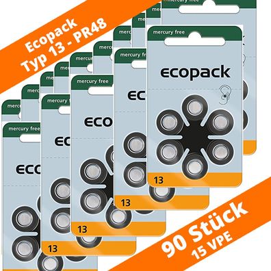 90 VARTA Ecopack Hörgerätebatterien Typ 13 PR48 NEU Hearing Aid 15 Blister