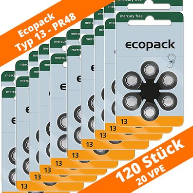 120 VARTA Ecopack Hörgerätebatterien Typ 13 PR48 NEU Hearing Aid 20 Blister
