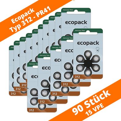 90 VARTA Ecopack Hörgerätebatterien Typ 312 PR41 NEU Hearing Aid 15 Blister