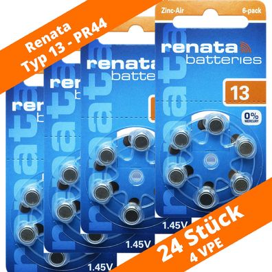 24 x Renata Hörgerätebatterien Typ 13 PR48 Orange 4x 6er Blister 1,45V Zink Luft