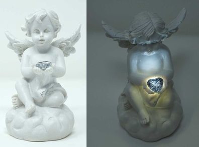 Engel Deko Figur mit LED Engelchen mit Glitzerherz Skulptur Putten Schutzengel
