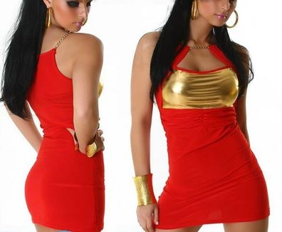 SeXy Damen Ketten Mini Kleid Girly Trendy Metallic Dress Top XS/ S Rot gold Neu