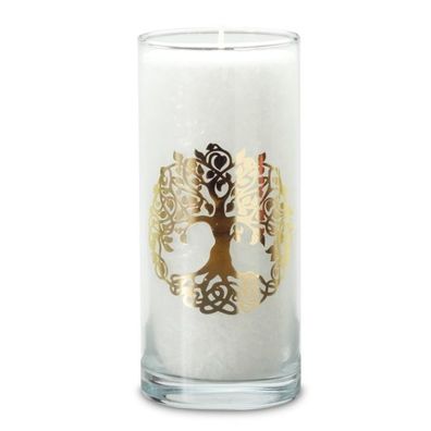yogabox Magische KERZE Weiß mit dem goldenen Etikett "BAUM DES LEBENS" ca. 14 cm
