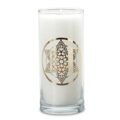yogabox Magische KERZE Weiß mit dem goldenen Etikett "MANDALA" ca. 14 cm