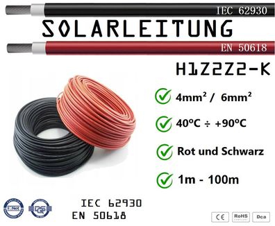 Solarkabel Solarleitung Meterware 4mm² 6mm² Rot und Schwarz H1Z2Z2-K 1-100m
