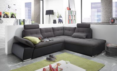 Ecksofa JAK Couch Schlafcouch Sofa Lederlook schwarz grau Ottomane rechts L-Form