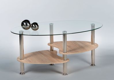 Couchtisch "PANTY" Beistelltisch Wohnzimmertisch Tisch Eiche Nb. Glas oval 90cm