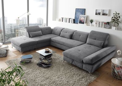 Couch MELFI L Sofa Schlafcouch Wohnlandschaft Schlaffunktion dunkelgrau U-Form