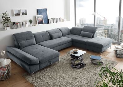 Couch MELFI R Sofa Schlafcouch Wohnlandschaft U-Form Schlaffunktion grau dunkel