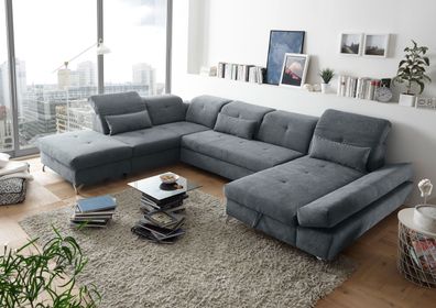 Couch MELFI Sofa Schlafcouch Wohnlandschaft Schlaffunktion grau dunkel U-Form
